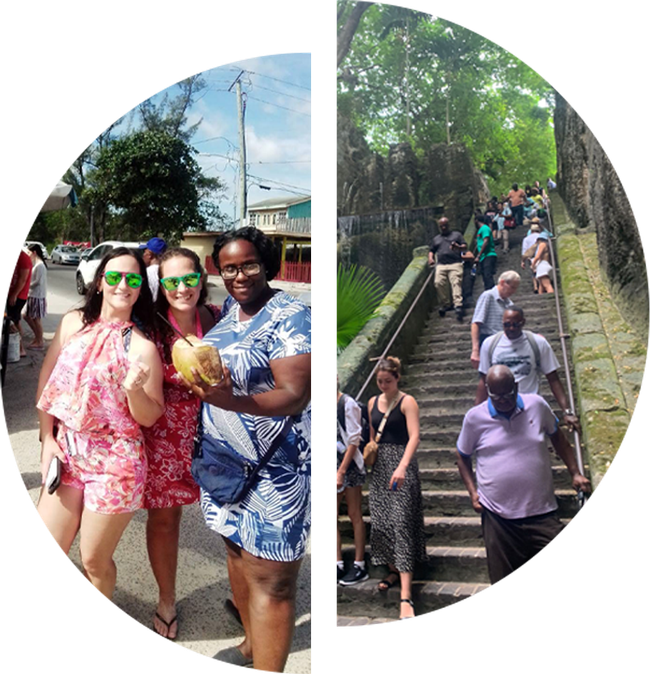 Two oval photos: women with coconuts and a group climbing stairs in a tropical setting.