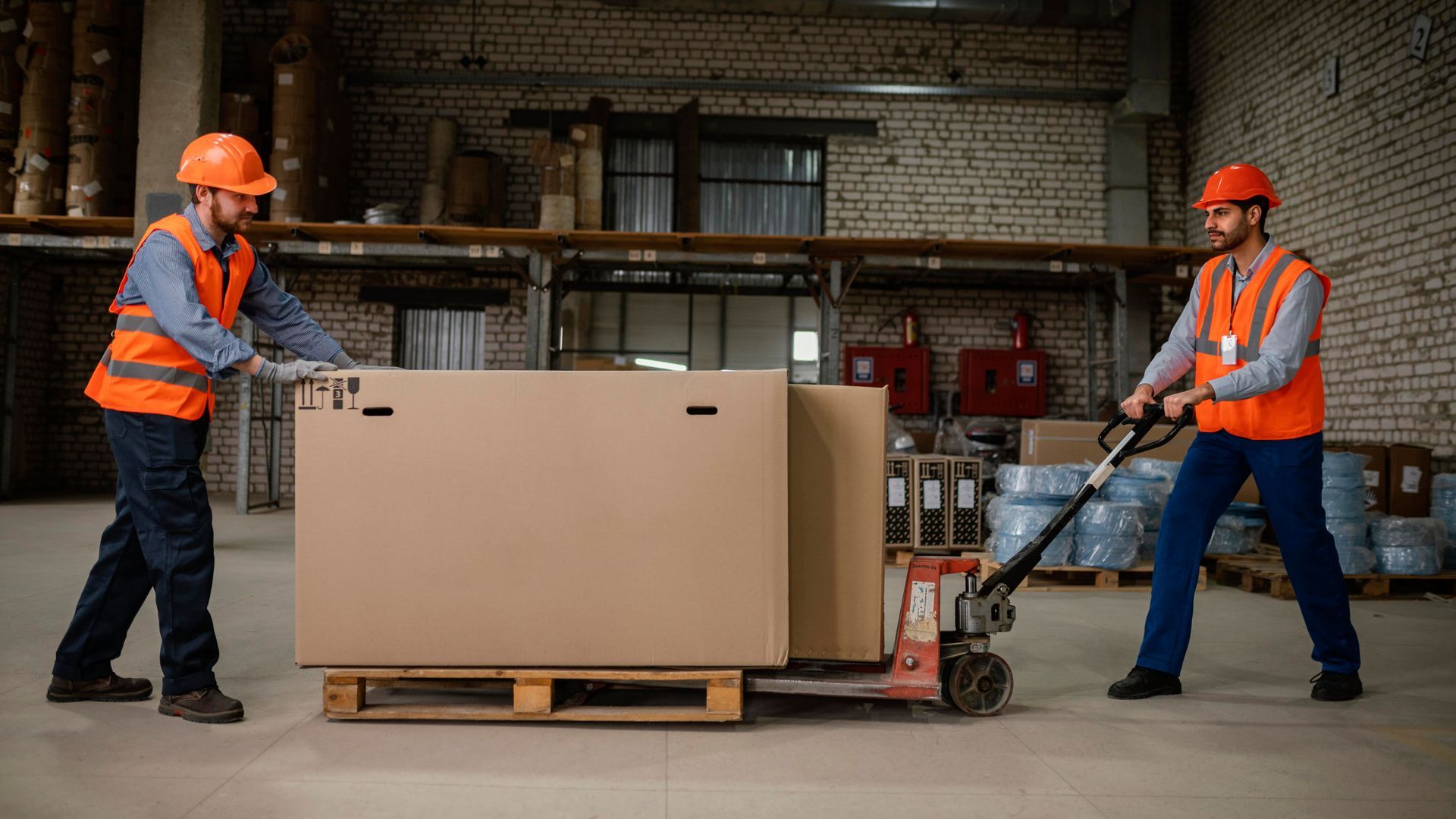 Two men are moving a large cardboard box on a pallet in a warehouse.