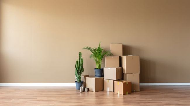 A pile of cardboard boxes and potted plants in an empty room.