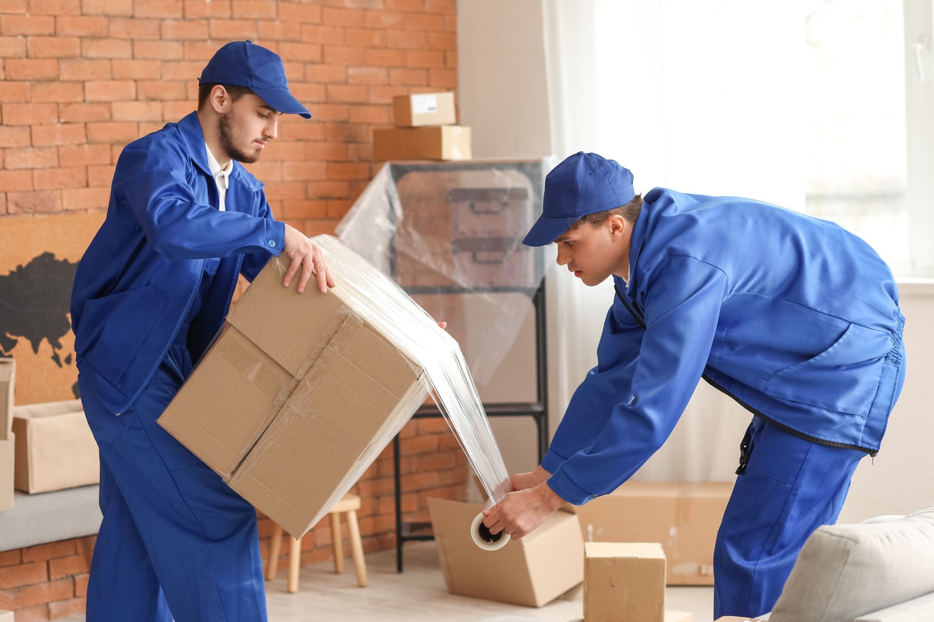 Two men are wrapping boxes in a living room.