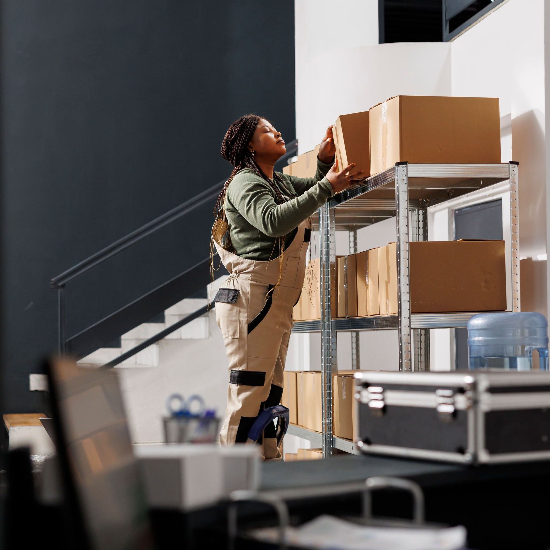 A woman is putting boxes on a shelf in a room