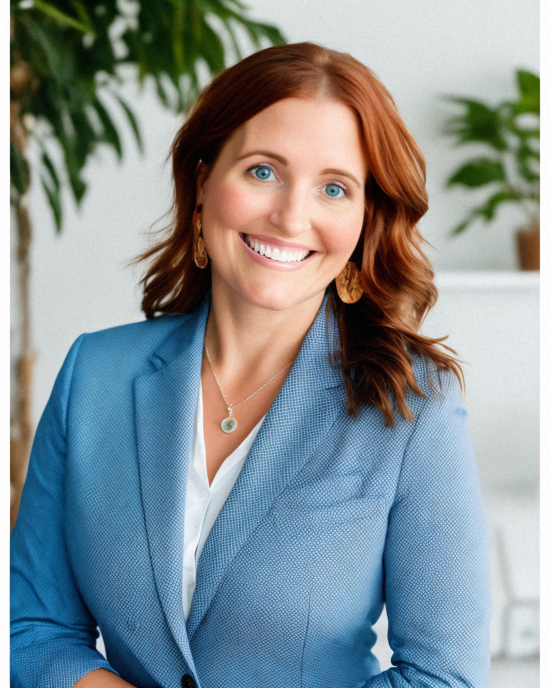 A woman wearing a blue jacket and a white shirt is smiling.