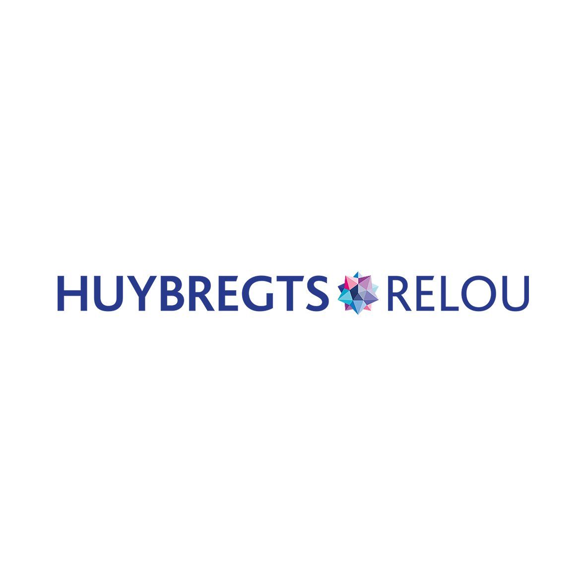 Logo van Huybregts Relou, blauwe tekst, bloemachtig symbool tussen de twee woorden.