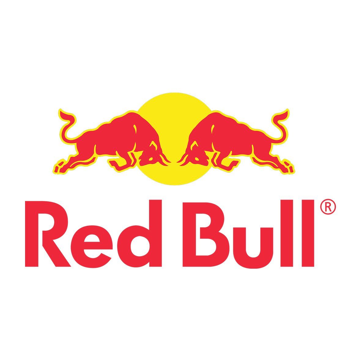 Red Bull-logo: twee rode stieren die elkaar aankijken voor een gele cirkel, met daaronder in het rood de tekst