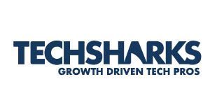 Techsharks-logo met marineblauwe tekst op een witte achtergrond: