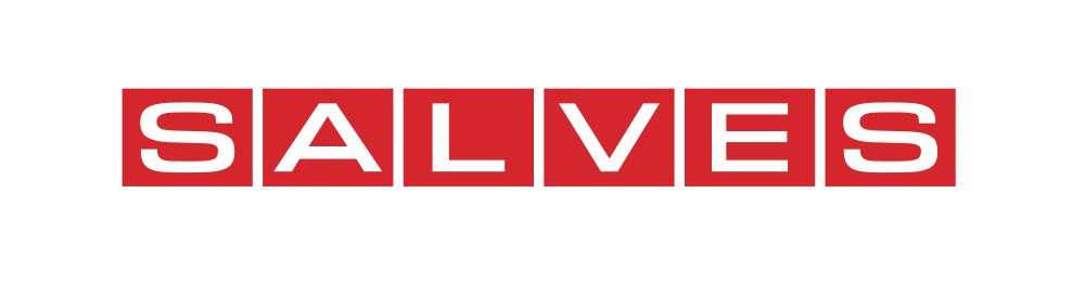 SALVES tekst in witte letters op rode vierkanten.