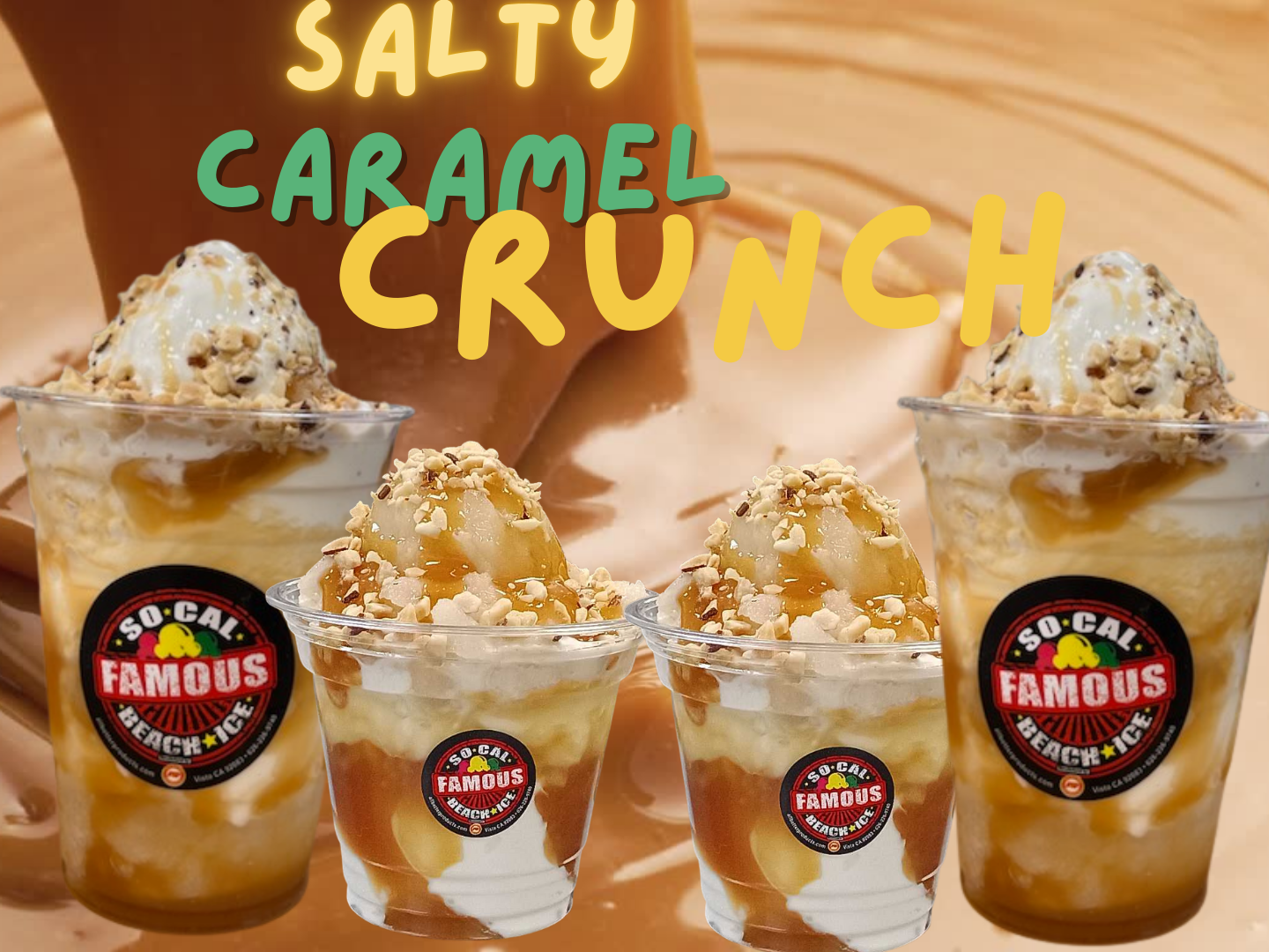 Four cups of Salty Caramel Crunch frozen dessert with whipped cream and toppings against a caramel-swirled background.