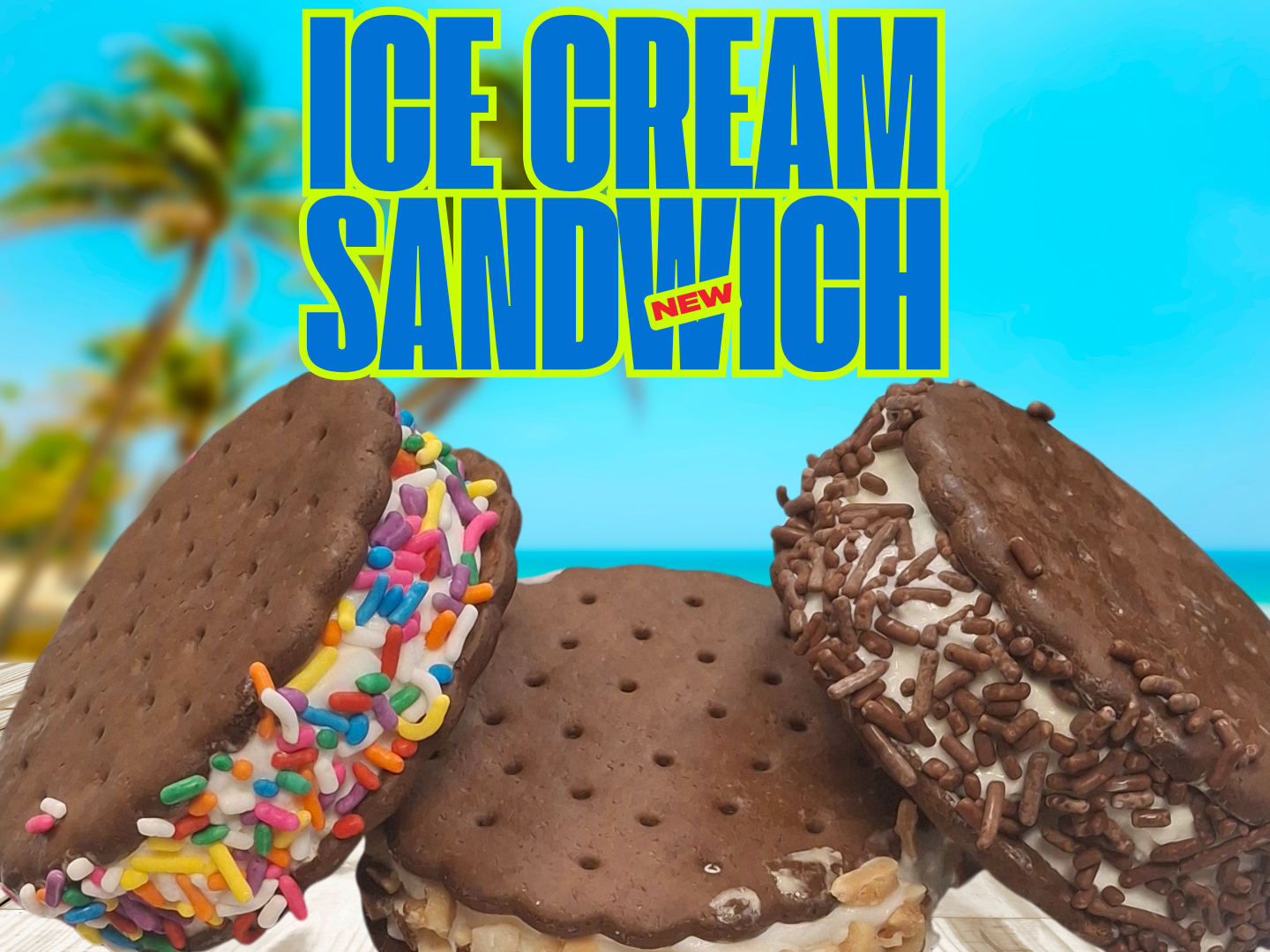 Three ice cream sandwiches—one with rainbow sprinkles, one plain, and one with chocolate sprinkles—against a beach backdrop.