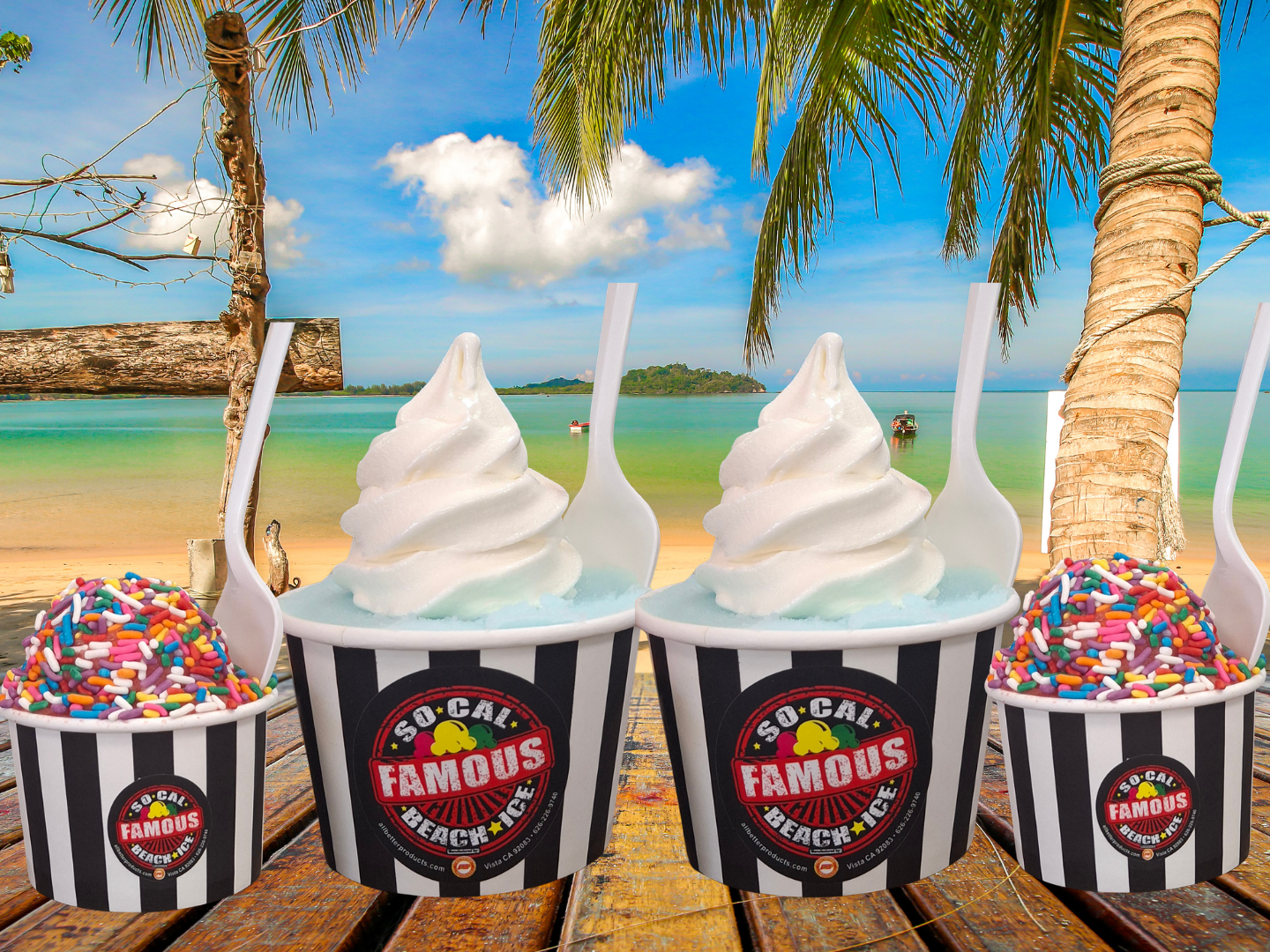 Four cups of So-Cal Famous brand soft serve ice cream, some with sprinkles, on a wooden table overlooking a beach.