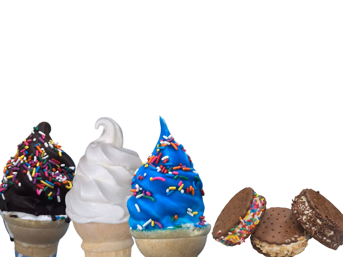 Three soft-serve ice cream cones—chocolate, vanilla, and blue—next to three ice cream sandwiches against a white background.