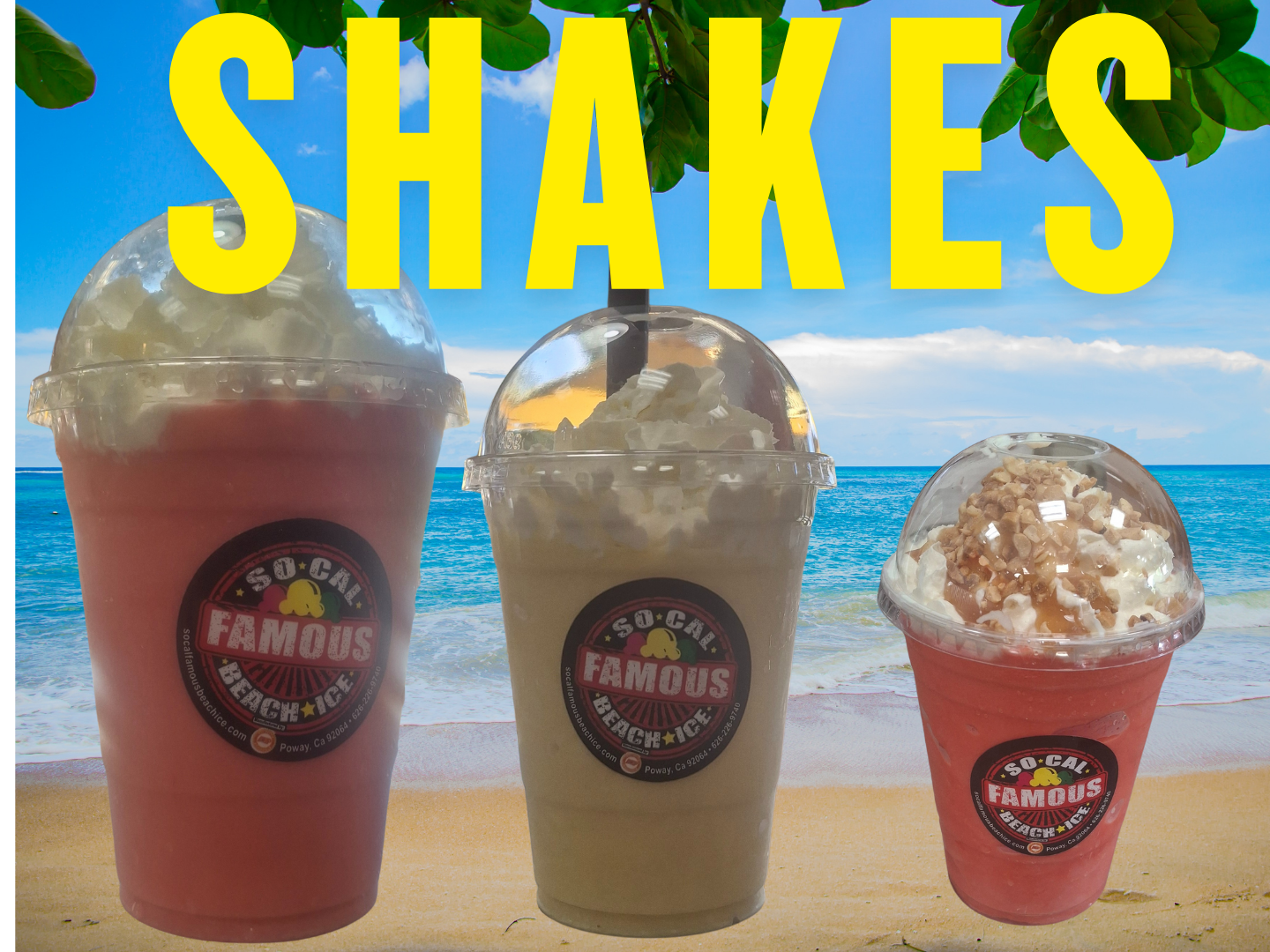 Three milkshakes in different sizes, labeled 