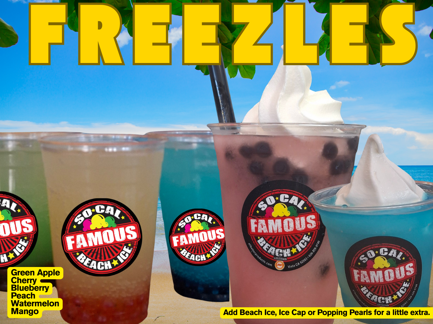 Five colorful iced drinks with 