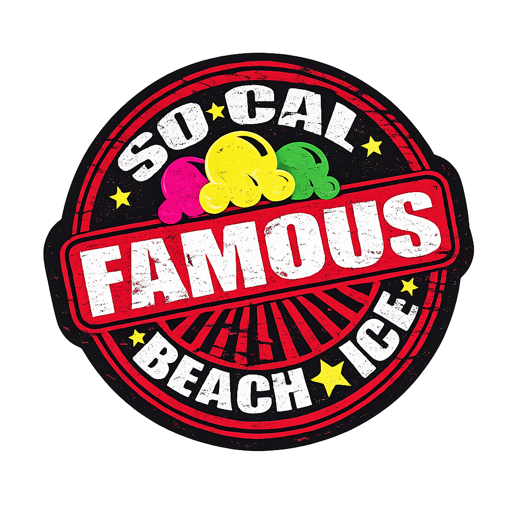 A circular logo for "So-Cal Famous Beach Ice" featuring stylized, colorful shaved ice icons on a black and red background.