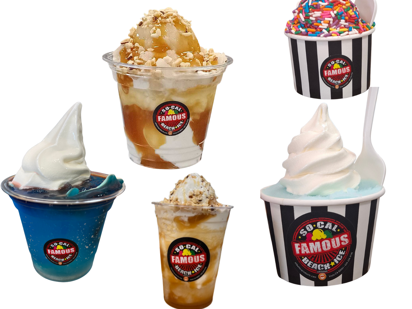 Five various shaved ice and soft serve ice cream treats in cups with 