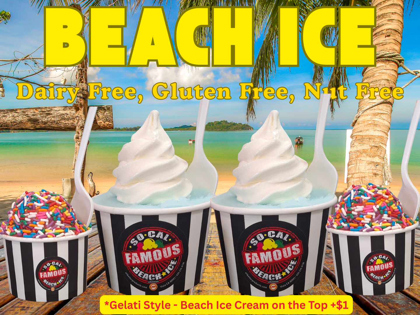 Four cups of Beach Ice in black-and-white striped containers, some with ice cream and sprinkles, against a beach backdrop.
