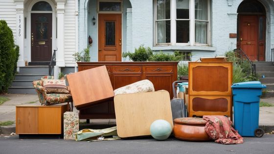 A pile of furniture is sitting on the side of the road in front of a house.