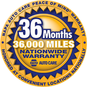A circular NAPA Auto Care Peace of Mind 36-month/36,000-mile nationwide warranty seal in gold and blue.
