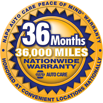 NAPA Auto Care warranty badge: 36-month/36,000-mile nationwide warranty, honored at convenient locations. | Ultimate Car Care