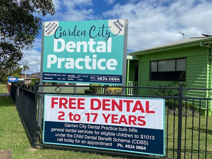 Garden City Dental Practice tarpaulin outside dental clinic Free dental for 2 to 17 years under the Child Dental Benefit Scheme (CDBS)