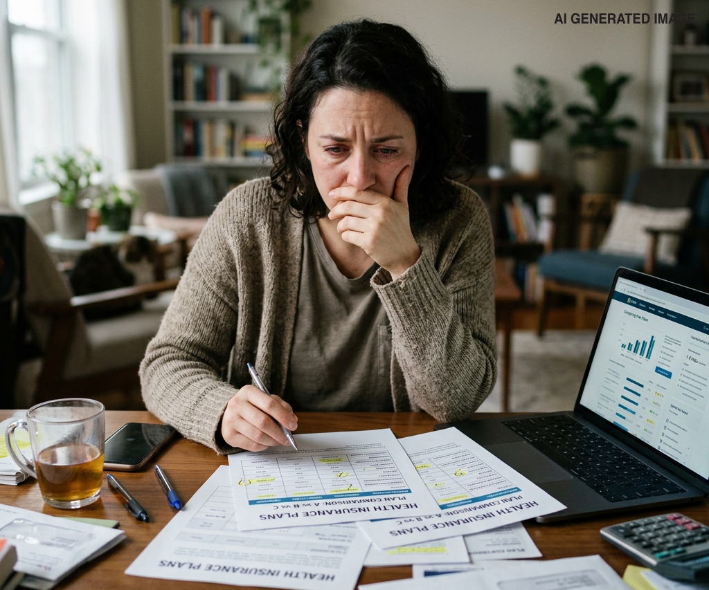 Woman at a desk reviewing papers and a laptop, hand over mouth, in a home office.