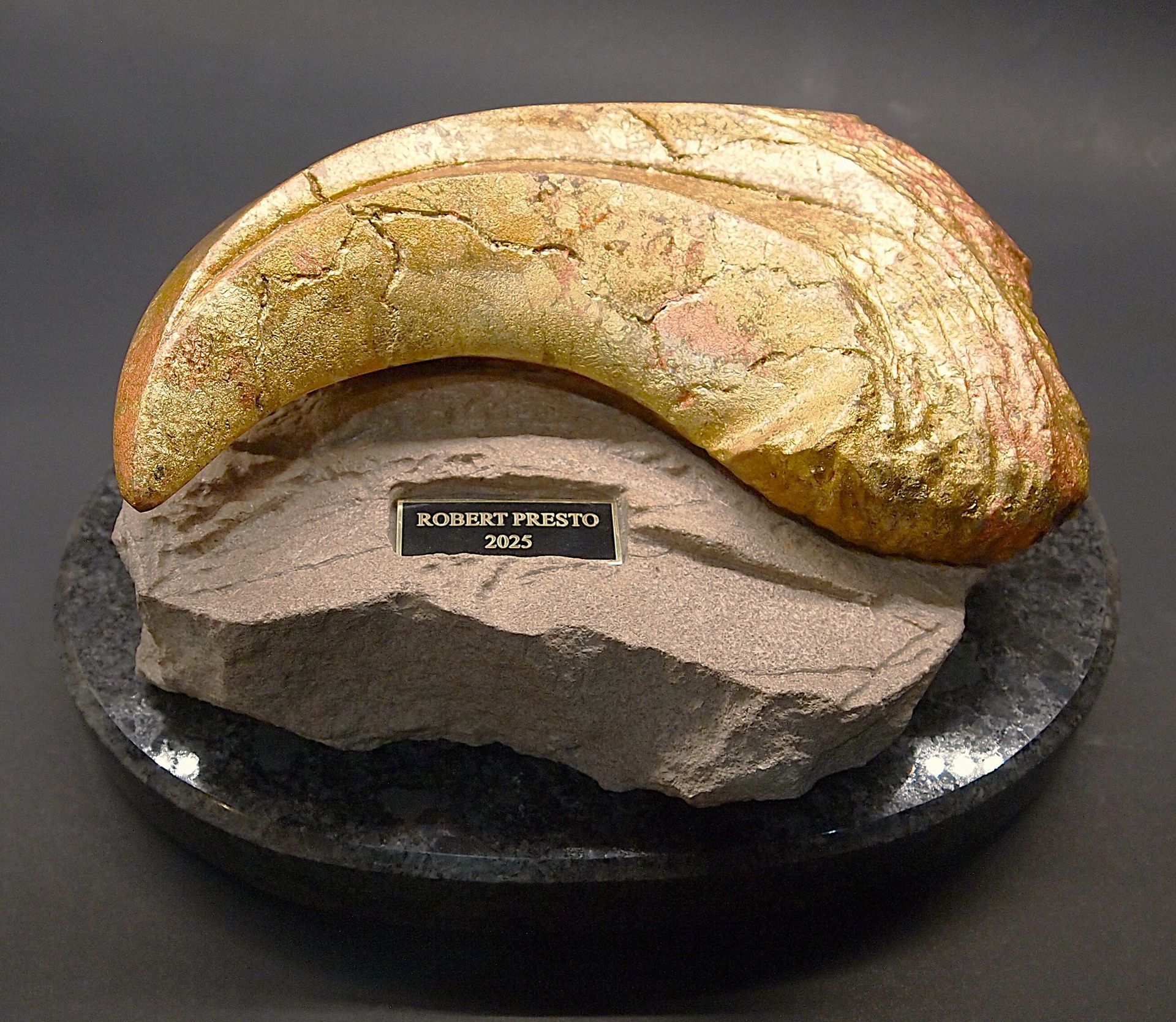 A piece of rock with a gold colored claw on it