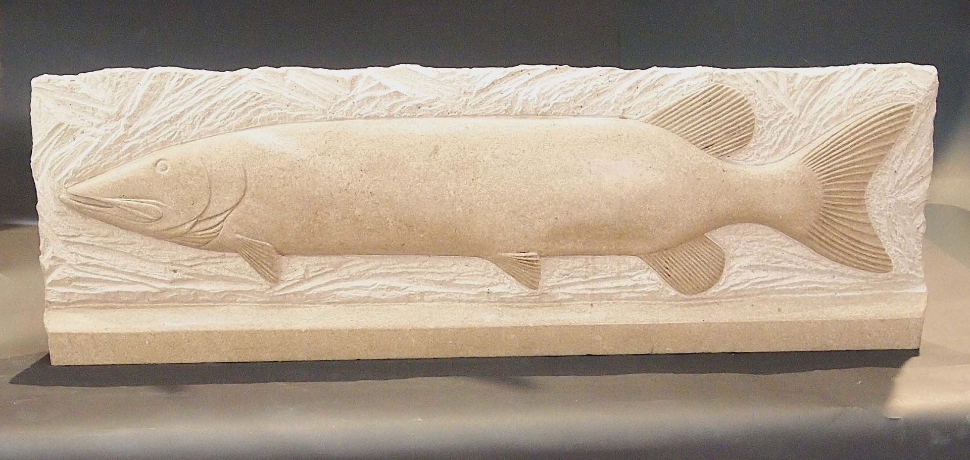 Northern Pike carved limestone sculpture