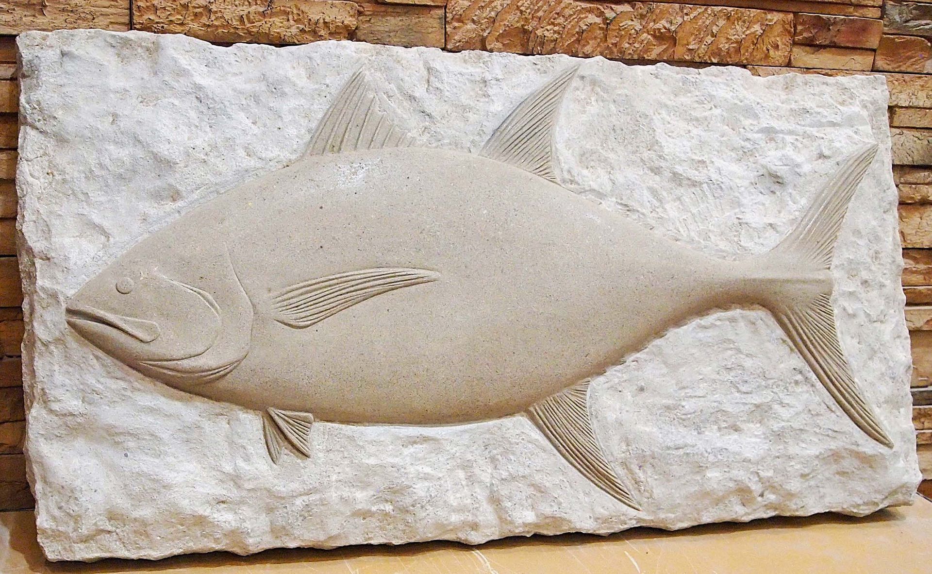 Yellow fin Tuna carved limestone sculpture