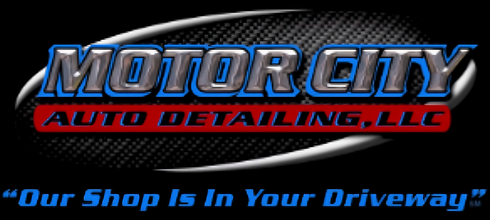 Motor City Auto Detailing LLC logo with blue and red text and the slogan “Our Shop Is In Your Driveway”