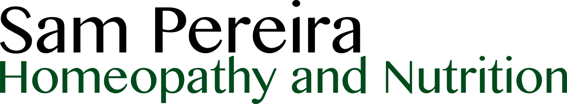 Wordmark reading: Sam Pereira Homeopathy and Nutrition. The logo is black and green in a modern font.