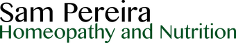 Wordmark reading: Sam Pereira Homeopathy and Nutrition. The logo is black and green in a modern font.