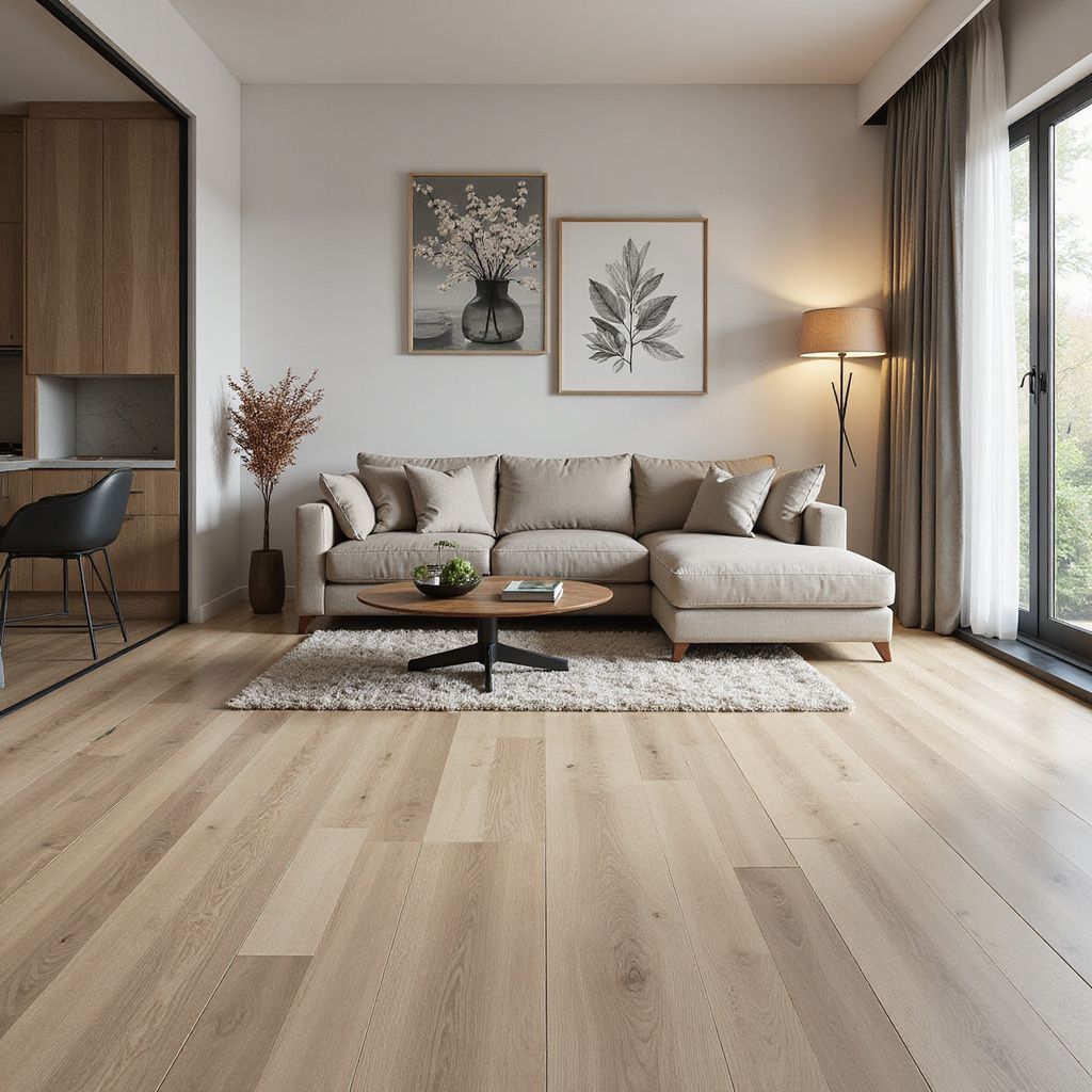 Un soggiorno moderno con divano componibile beige, pavimenti in legno e ampie finestre, decorato con piante e decorazioni neutre.