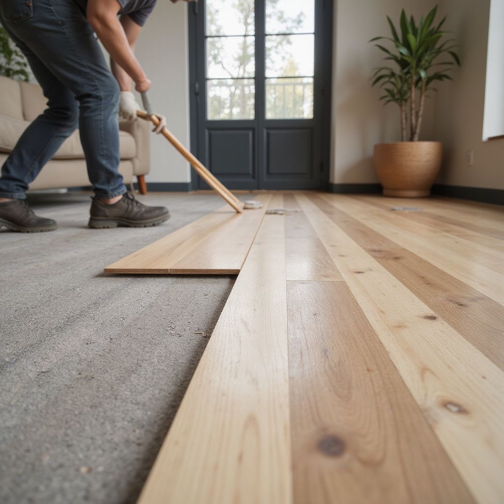 Uomo che installa un pavimento in legno in un soggiorno; usa un martello per sistemare le assi.