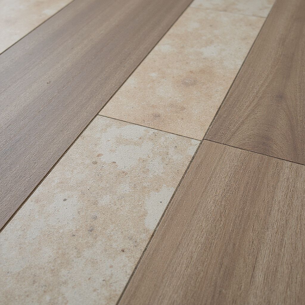 Dettaglio del pavimento in pietra beige e effetto legno, alternanza di assi e piastrelle.