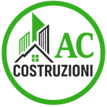 Logo di costruzione verde e nero con sagome di edifici, testo "AC COSTRUZIONI" in un cerchio verde.