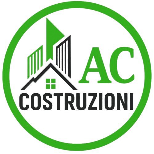 Logo di costruzione verde e nero con sagome di edifici, testo "AC COSTRUZIONI" in un cerchio verde.