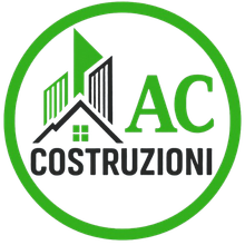 Logo di costruzione verde e nero con sagome di edifici, testo "AC COSTRUZIONI" in un cerchio verde.