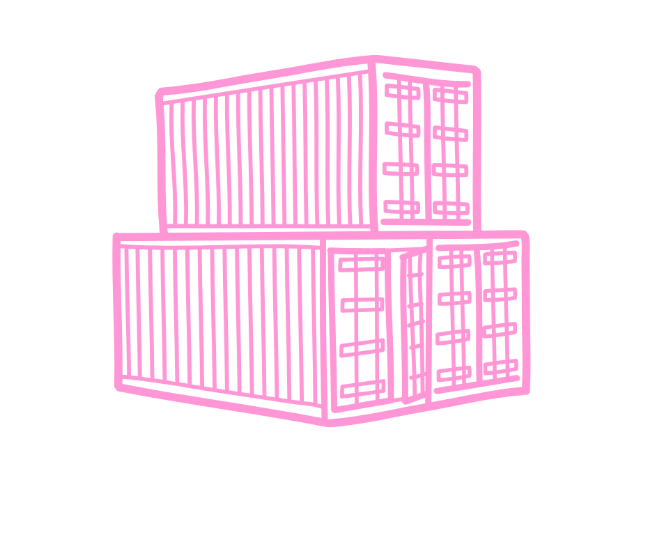 Three pink stylised container outlines with shut doors—used as a visual emblem on That Shipping Container Guy website.
