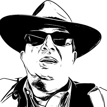 Line portrait of Michael, wearing a wide-brimmed hat—the face of That Shipping Container Guy—the brand’s Nth QLD personality