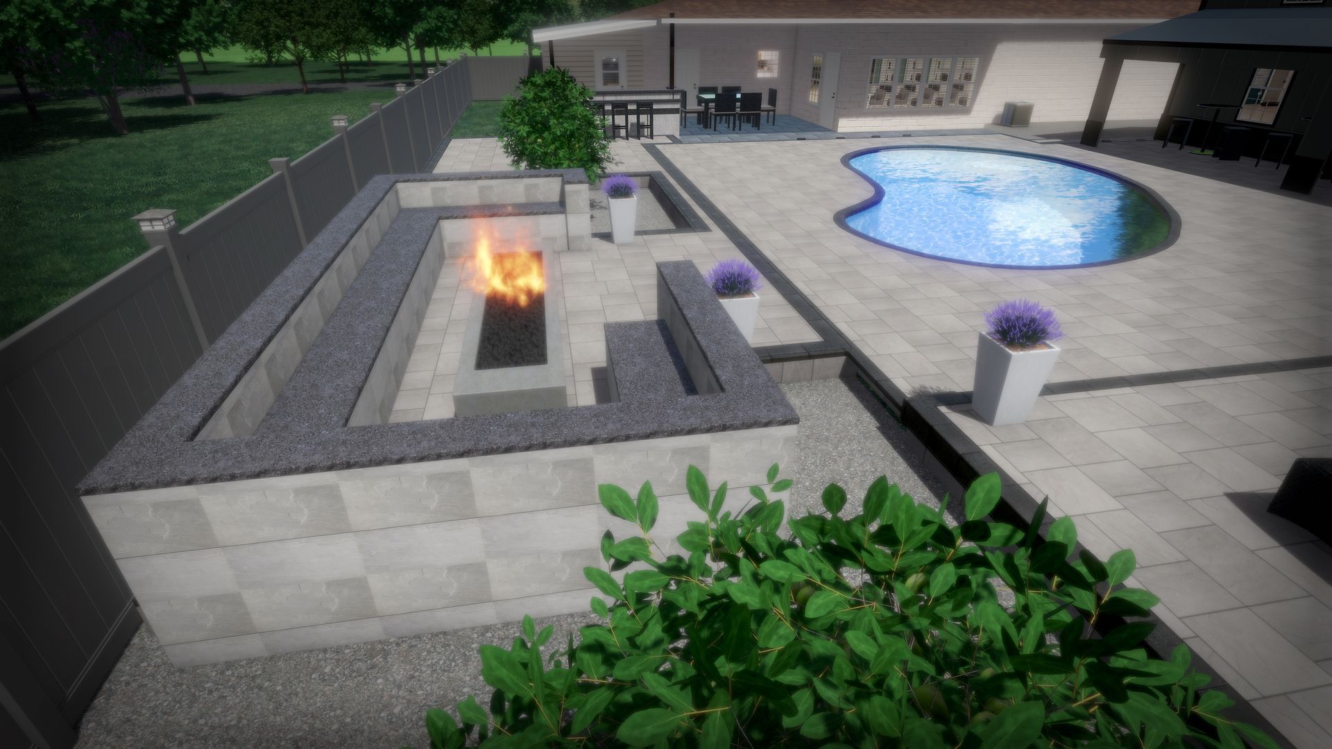 a large swimming pool is surrounded by a patio and chairs .