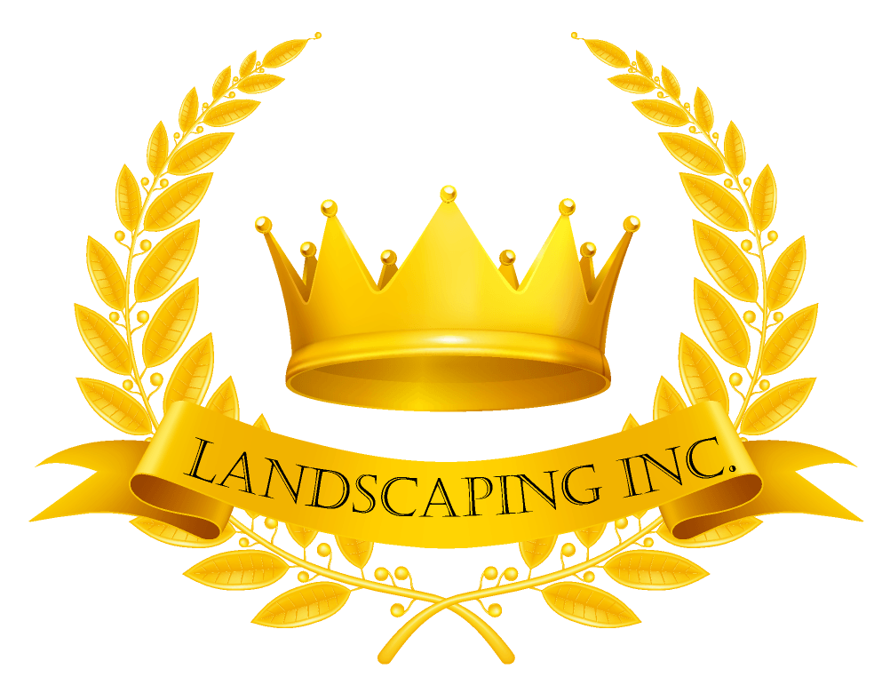 a logo for landscaping inc. with a gold crown