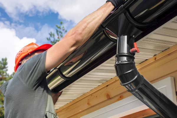 A person in a hard hat installing black rain gutters on a house.