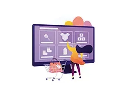 Mulher comprando produtos para bebês online, usando um computador e um carrinho de compras.