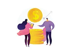 Duas pessoas observando moedas e uma seta apontando para cima, simbolizando crescimento financeiro.