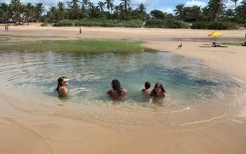 Pessoas nadando em uma piscina rasa de água cristalina na praia. Palmeiras e céu azul visíveis.