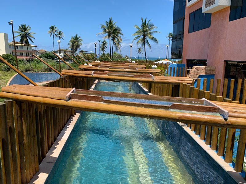 Piscina com pontes de madeira em um resort à beira-mar; água azul, palmeiras, dia ensolarado.