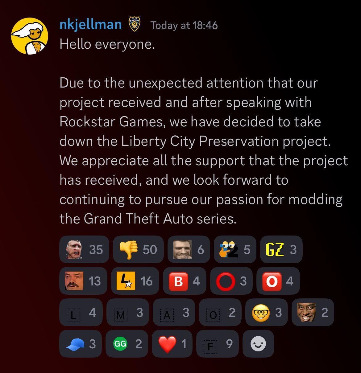 Discord Message of a mod informing their community about the shutdown