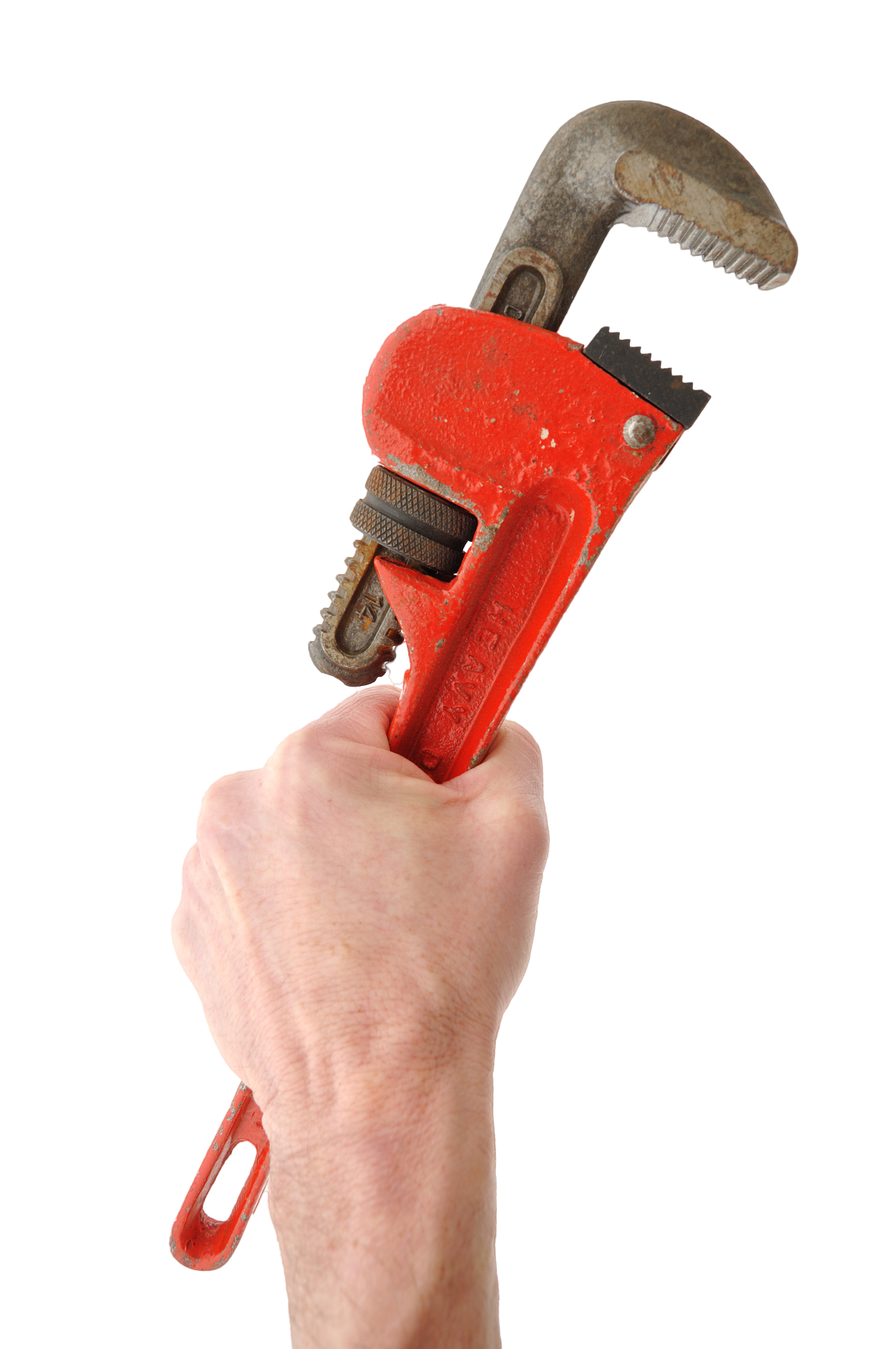 A hand is holding a red pipe wrench on a white background