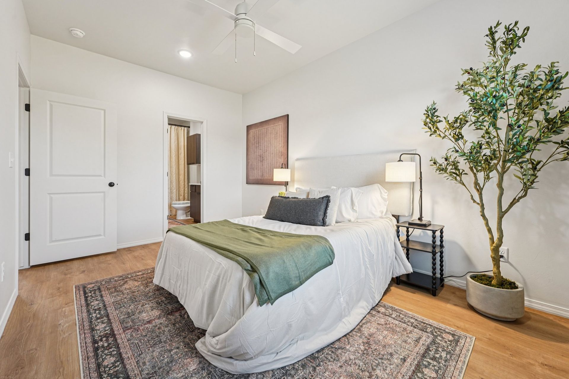 Bedroom with a bed, nightstand, large plant, and door leading to a bathroom.