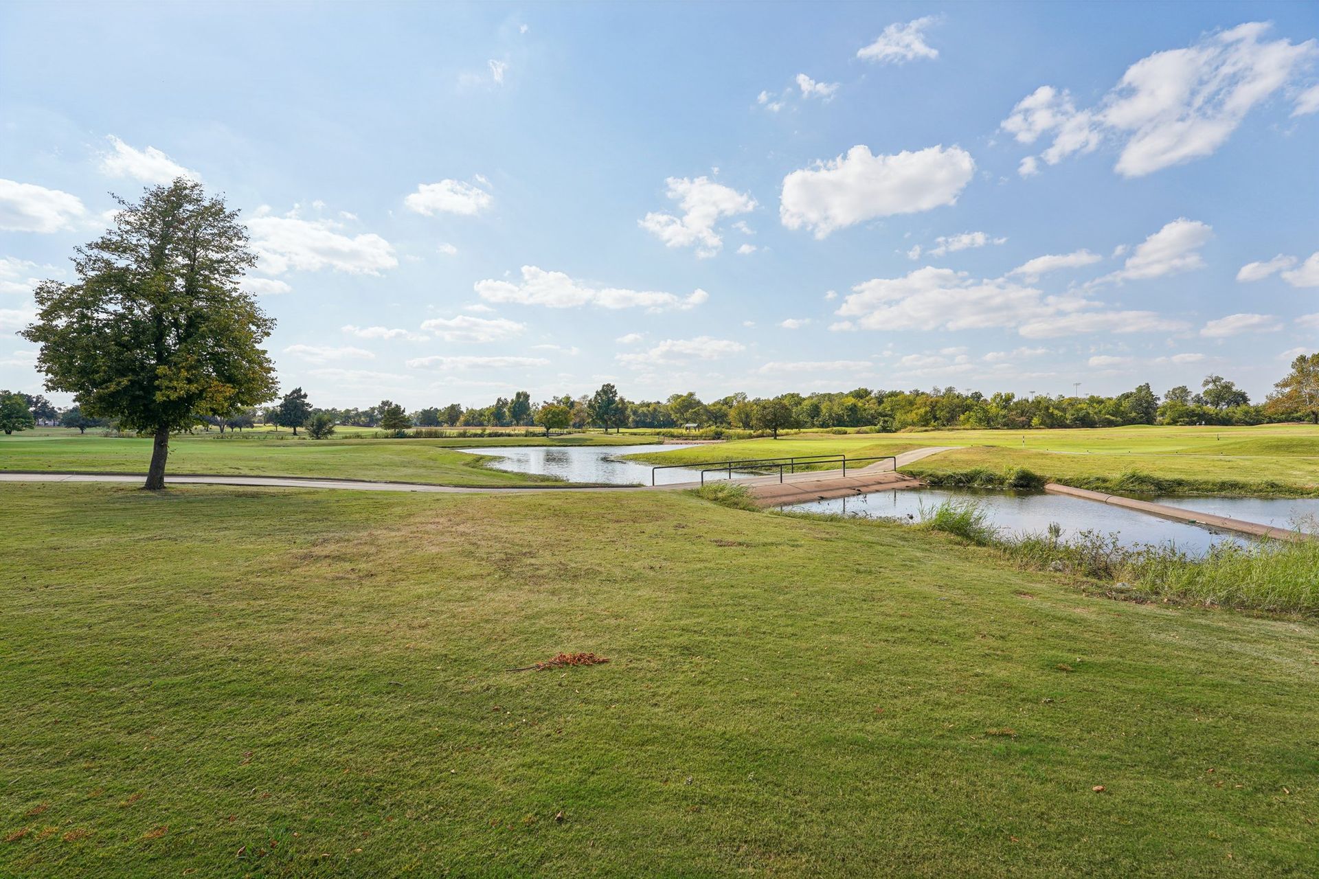 Grassy field with a stream and a small bridge under a blue sky with clouds.