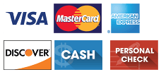 accepting visa, mastercard, american express, discover, cash, and personal check